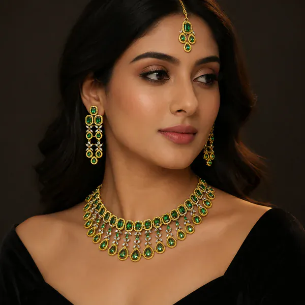 Aarya Emerald Set - Necklaces & Pendants from BLINGARI luxury Indian fashion collection