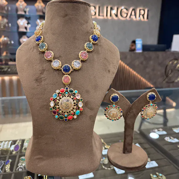 Round Flower Necklace Set - Necklaces & Pendants from BLINGARI luxury Indian fashion collection