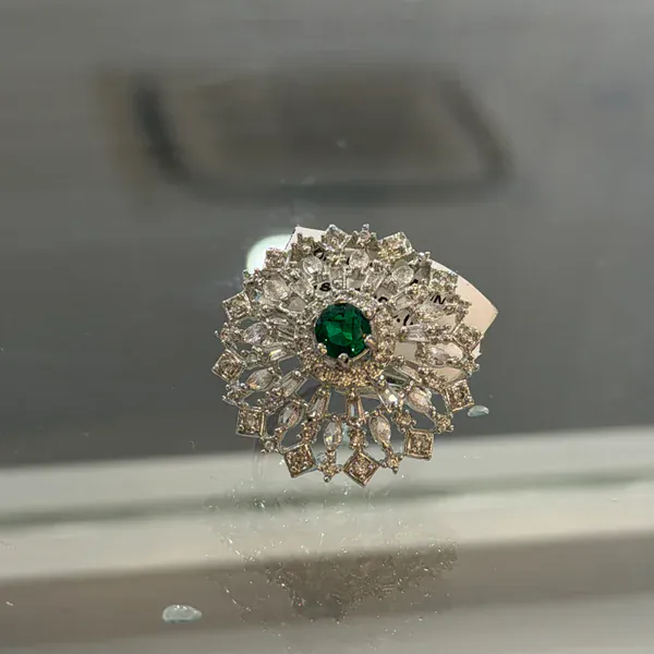 Sunburst Emerald Ring - Rings & Hathphool from BLINGARI luxury Indian fashion collection