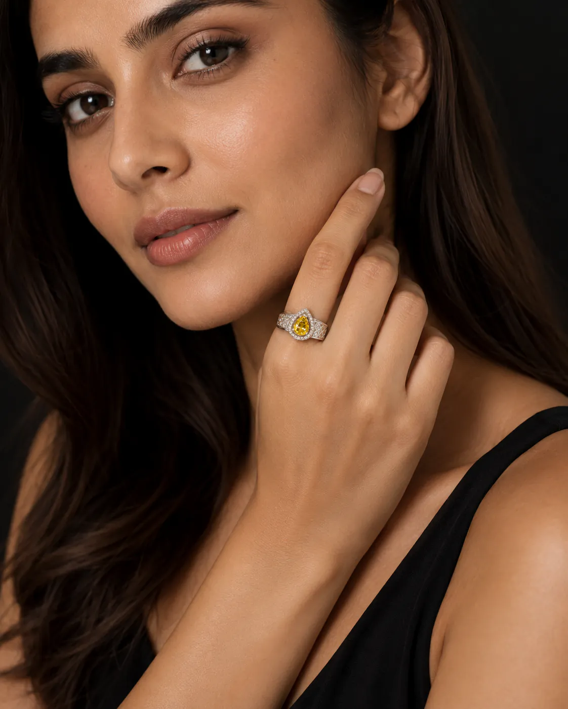 Mesh Ring Yellow - Rings & Hathphool from BLINGARI luxury Indian fashion collection