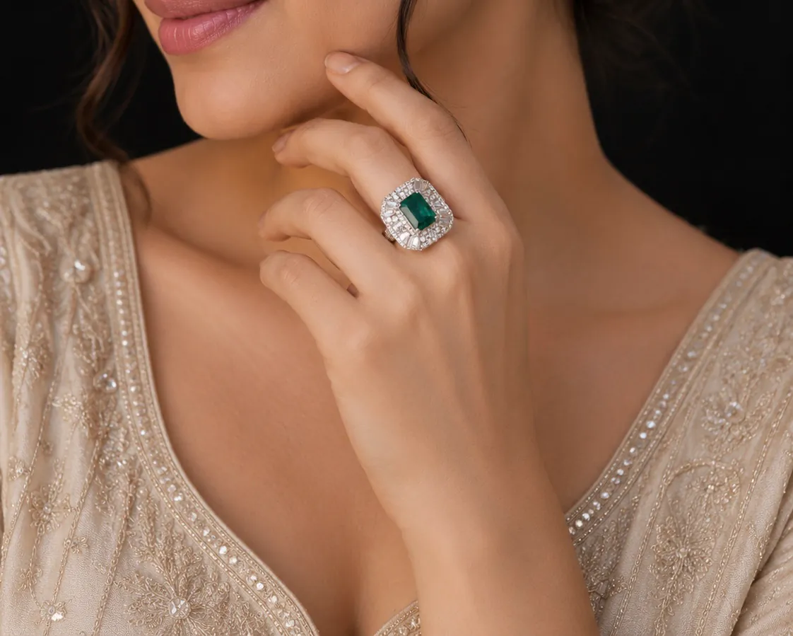 Ruby Silver Square - Rings & Hathphool from BLINGARI luxury Indian fashion collection