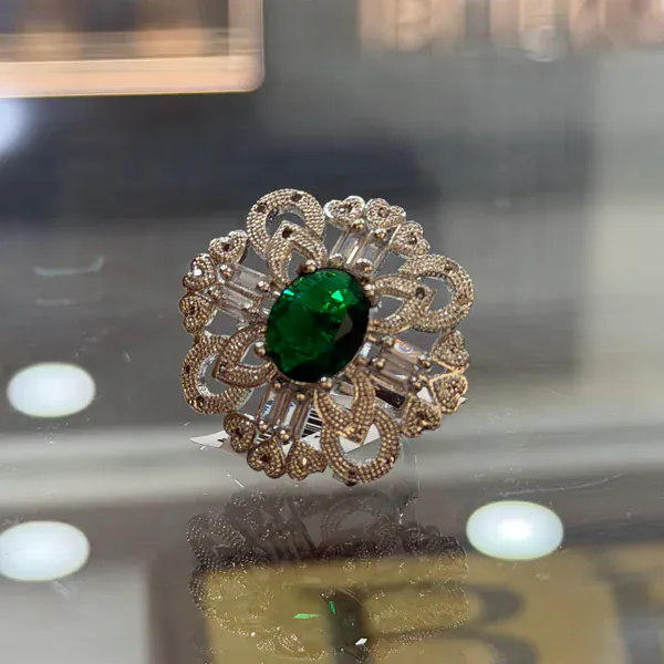 Emerald Silver Ring - Rings & Hathphool from BLINGARI luxury Indian fashion collection