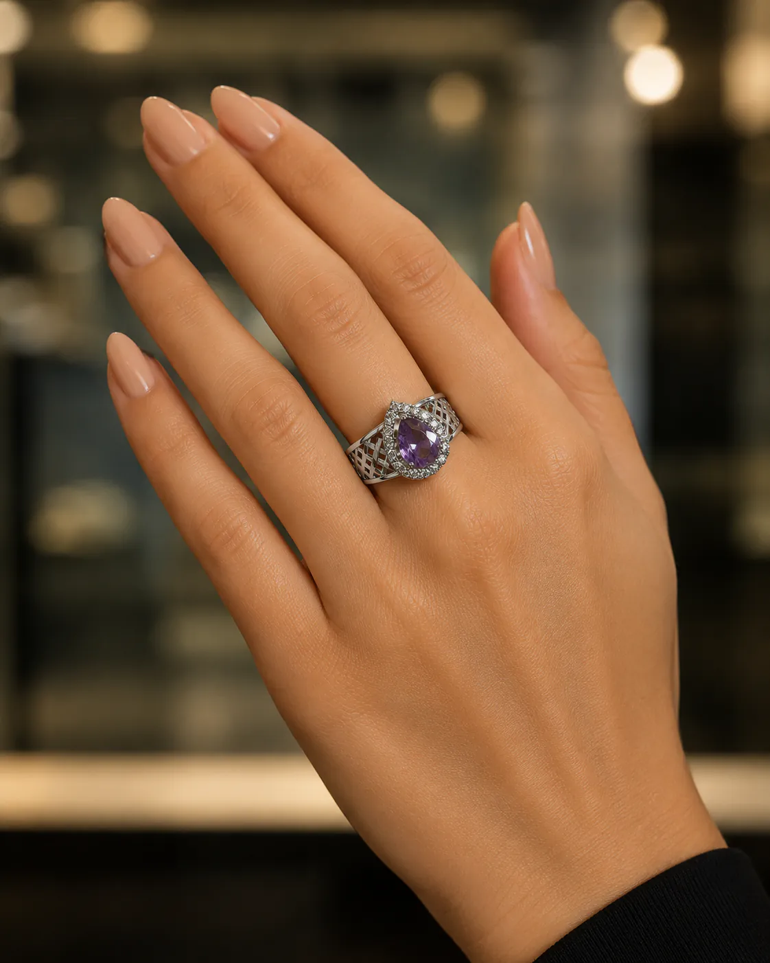 Mesh Ring Lavender - Rings & Hathphool from BLINGARI luxury Indian fashion collection