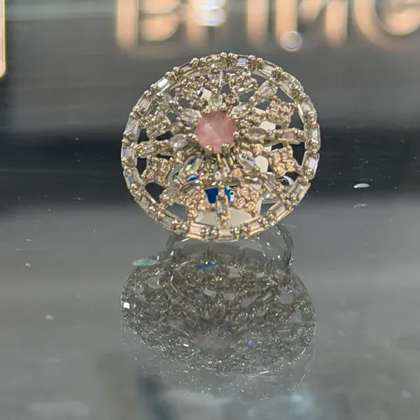 Rosette Pink Ring - Rings & Hathphool from BLINGARI luxury Indian fashion collection