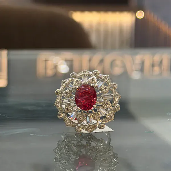 Ruby Silver Cocktail Ring - Rings & Hathphool from BLINGARI luxury Indian fashion collection