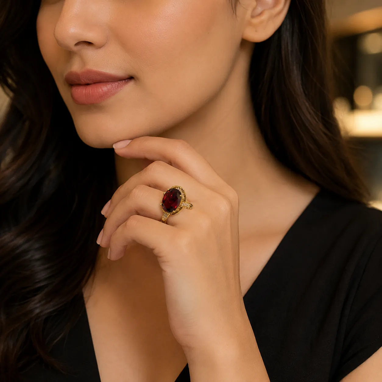 Ruby Oval Stone Ring - Rings & Hathphool from BLINGARI luxury Indian fashion collection