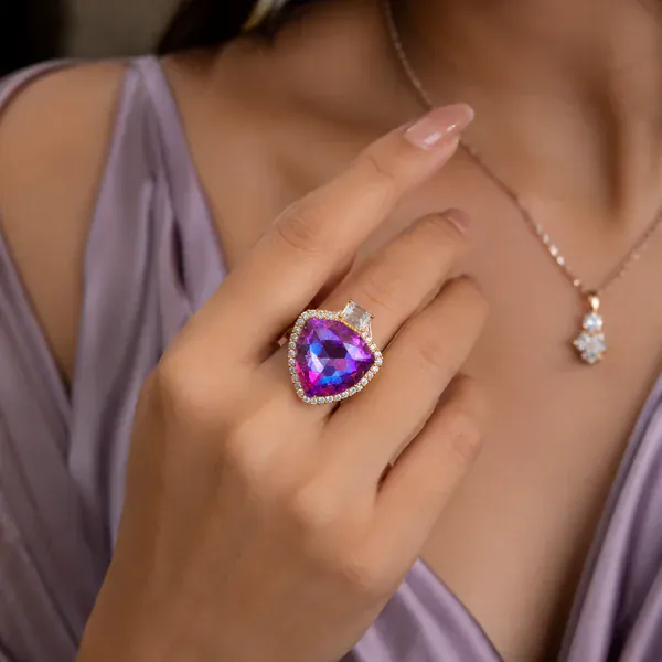 Pink Swarovski Ring - Rings & Hathphool from BLINGARI luxury Indian fashion collection