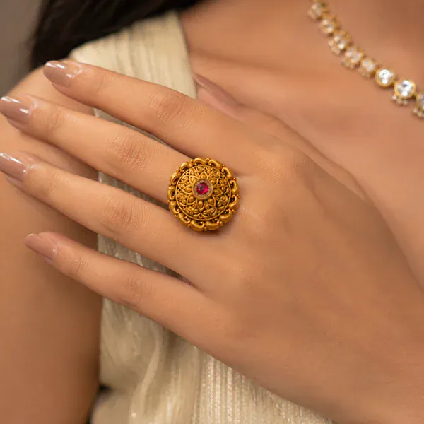 Round Gold Ring - Rings & Hathphool from BLINGARI luxury Indian fashion collection