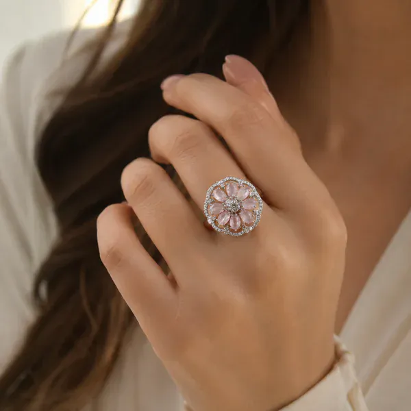 Onion Pink Flower Ring - Rings & Hathphool from BLINGARI luxury Indian fashion collection