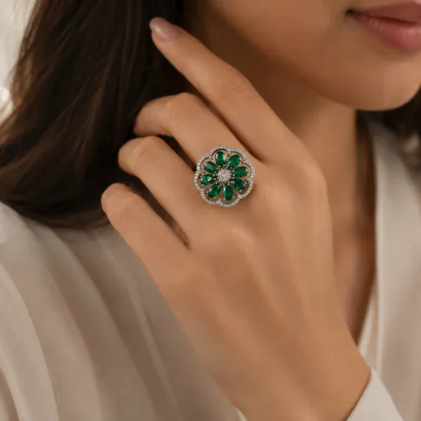 Emerald Flower Ring - Rings & Hathphool from BLINGARI luxury Indian fashion collection