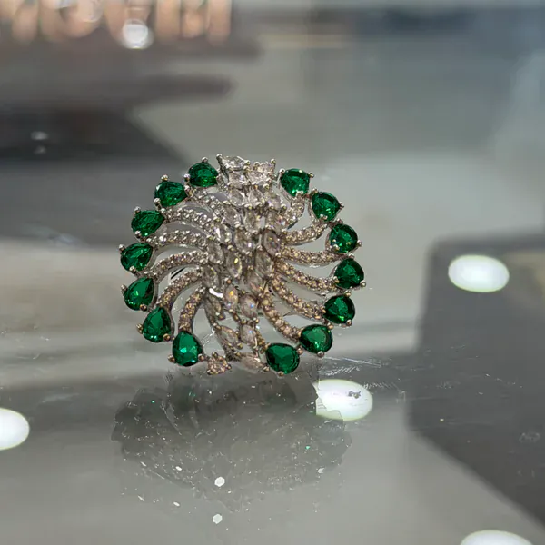 Emerald Chakri Ring - Rings & Hathphool from BLINGARI luxury Indian fashion collection