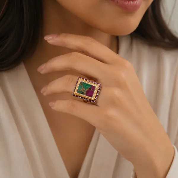 Multi Square Swarovski Ring - Rings & Hathphool from BLINGARI luxury Indian fashion collection